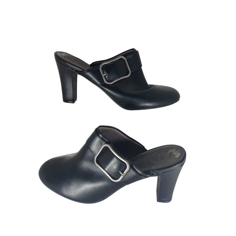 LifeStride Cayla Mules 10M Black Block Heel Buckle Officecore Professional Chic